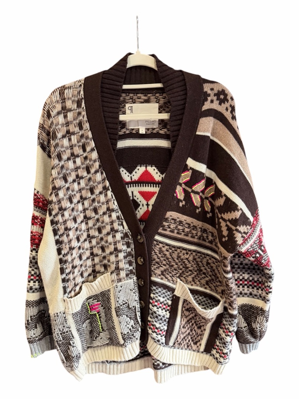 ANTHROPOLOGIE PILCRO Patchwork Cardigan Sweater Brown Fair Isle M - Picture 5 of 16